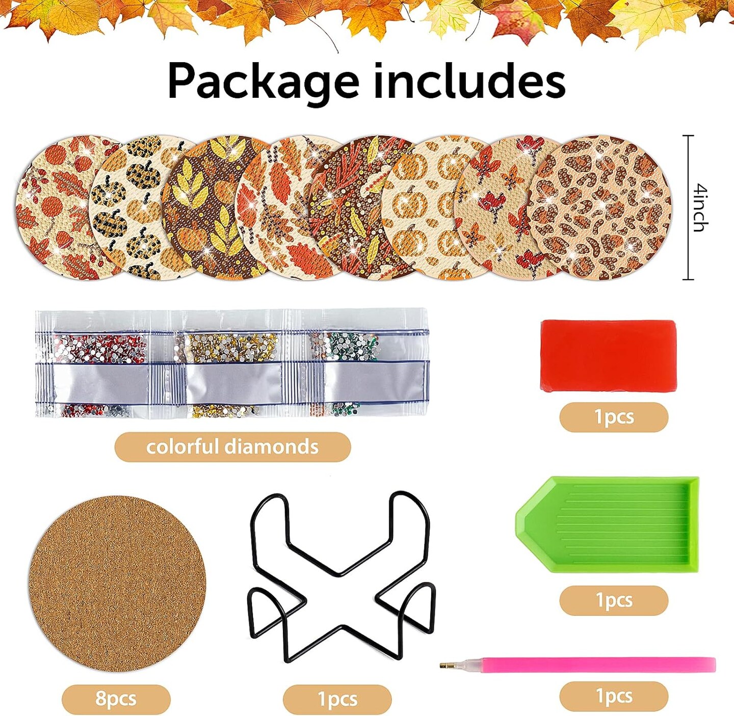 8 PCS Fall Diamond Art Coasters Thanksgiving Painting Kits
