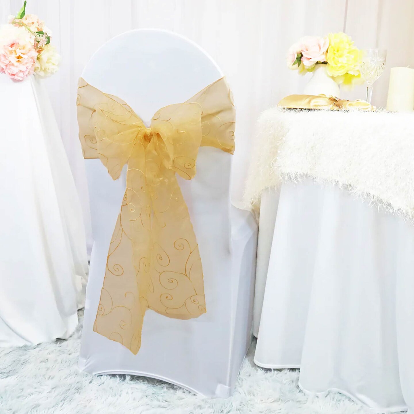10 Pieces Gold Embroidered Organza Chair Sashes Elegant Sheer Chair Bows 8"x108"