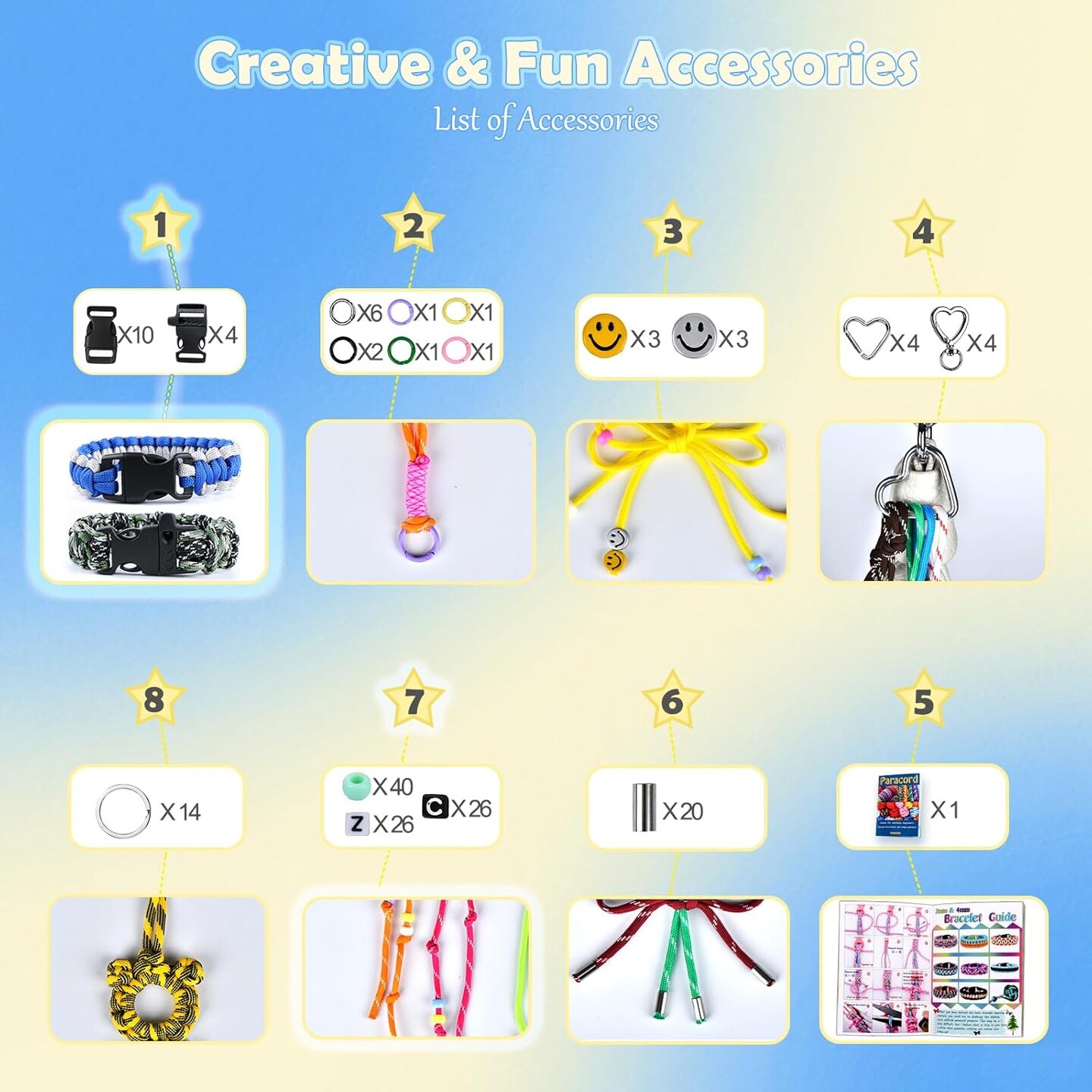 100 PC Paracord Combo kit with Paracord Beads (A, 100pc)