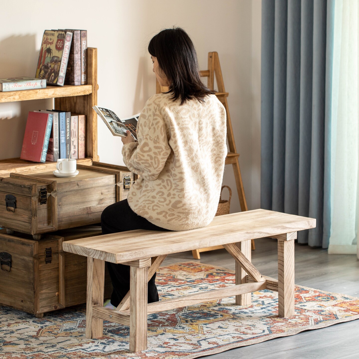 Vintiquewise Wooden Bench Farmhouse Entryway Organizer Retro Rustic Accent Seat Natural Wood Armless Design for Living Room Hallway Kitchen Dining Room Stylish &#x26; Practical D&#xE9;cor for Indoor Space