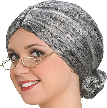 4E&#x27;s Novelty Old Lady Costume for Kids 7 Pcs Set - for 100 Day of School Grandma Costume for Girls, Gray Curly Wig, Cane, Granny Glasses with Chain Dress Up Accessories