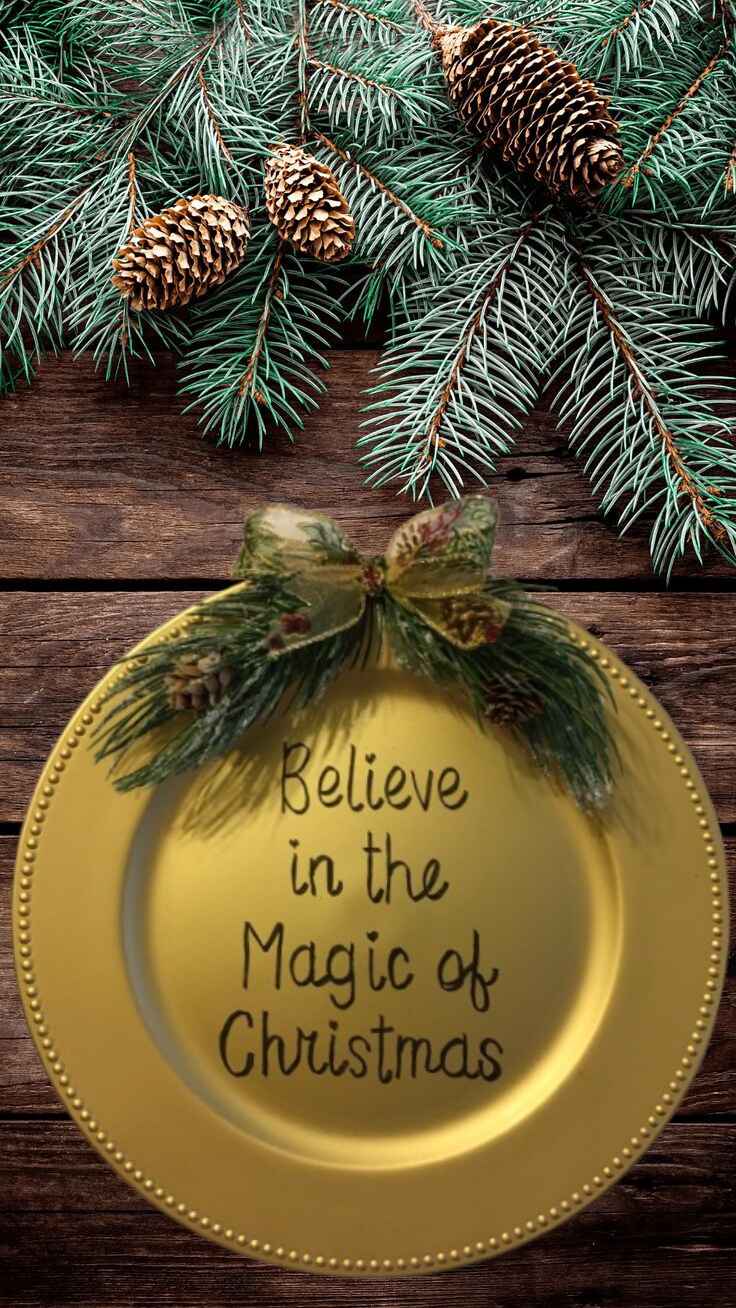 Dollar Tree Plastic Gold CHARGER PLATE Christmas Holiday Wall Art BELIEVE IN THE MAGIC OF CHRISTMAS Handmade Gift product 4