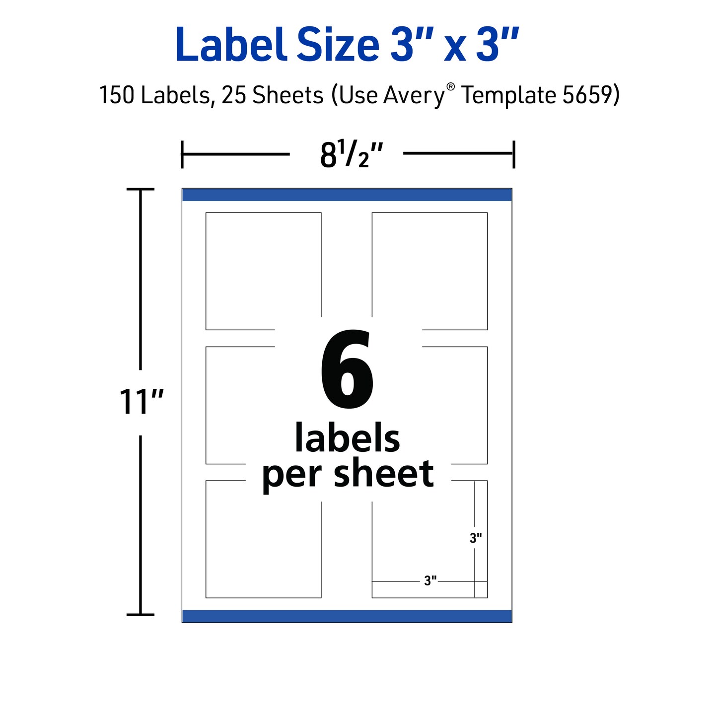 Avery Printable Square Labels with Sure Feed, 3&#x22; x 3&#x22;, Matte White, Permanent Adhesive, Laser &#x26; Inkjet Printers, 150 Blank Labels (5659)