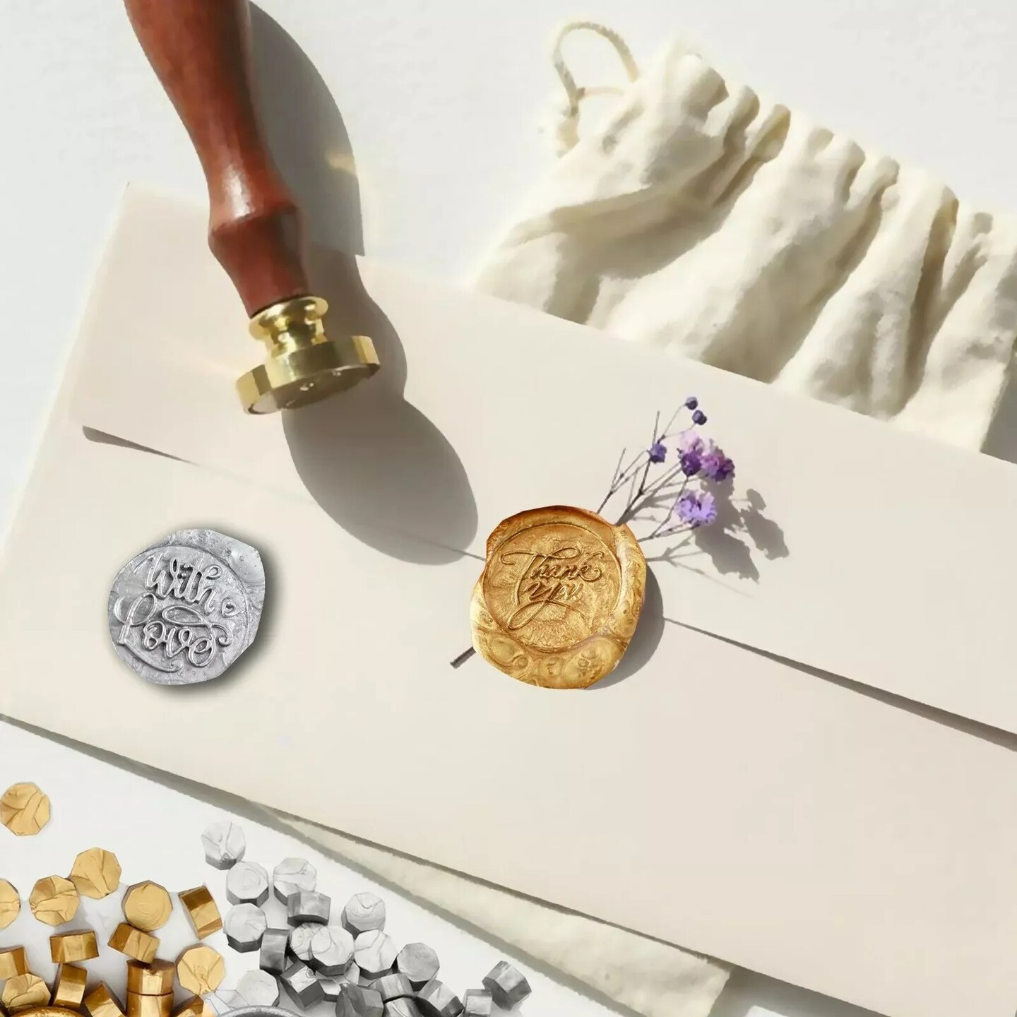 Gold Silver With Love and Thank You Envelope Wax SEAL STAMP Party Events Set