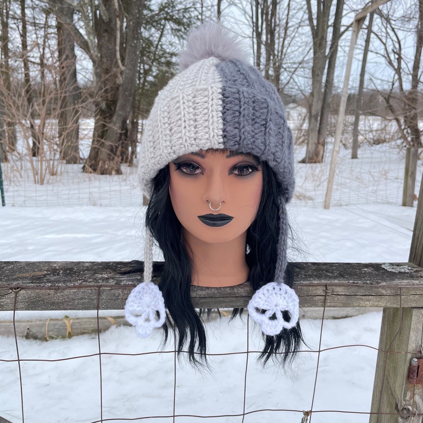 Crochet Skull Tassel Pom Pom Beanie - two tone gray alternative