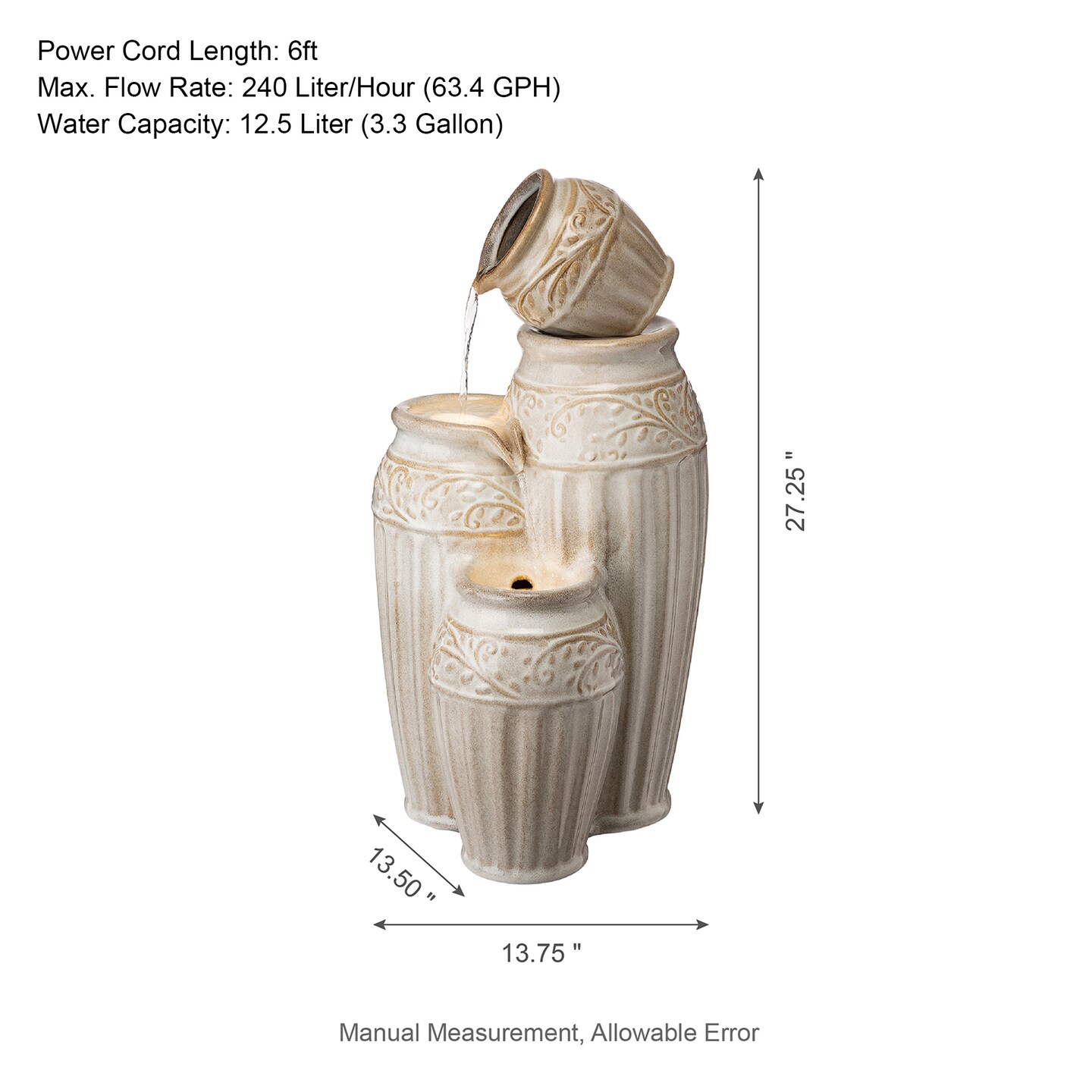 27.25&#x22;H Embossed Pattern Ceramic Pots 4-Tier Outdoor Fountain with LED Light, Includes Pump, Multiple Colors