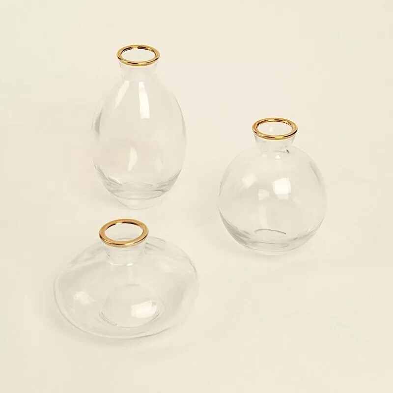 3 Clear Small Glass Flower VASES Metallic Gold Trim Table Centerpieces Party