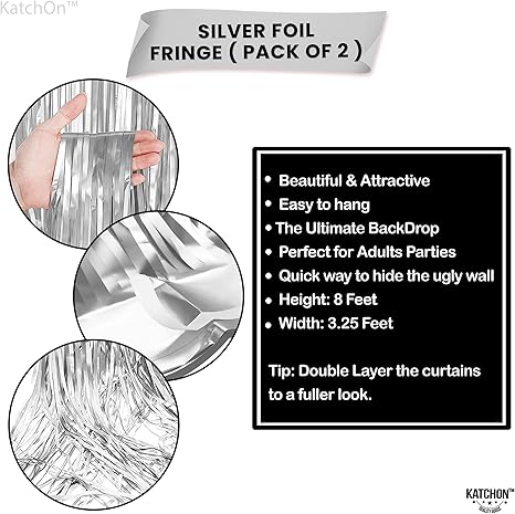 Large Silver Backdrop Curtain - 3.2x8 Feet, Pack of 2, Silver Streamers Backdrop | Happy New Year Backdrop for Happy New Year Decorations | Silver Fringe Backdrop for Silver Party Decorations