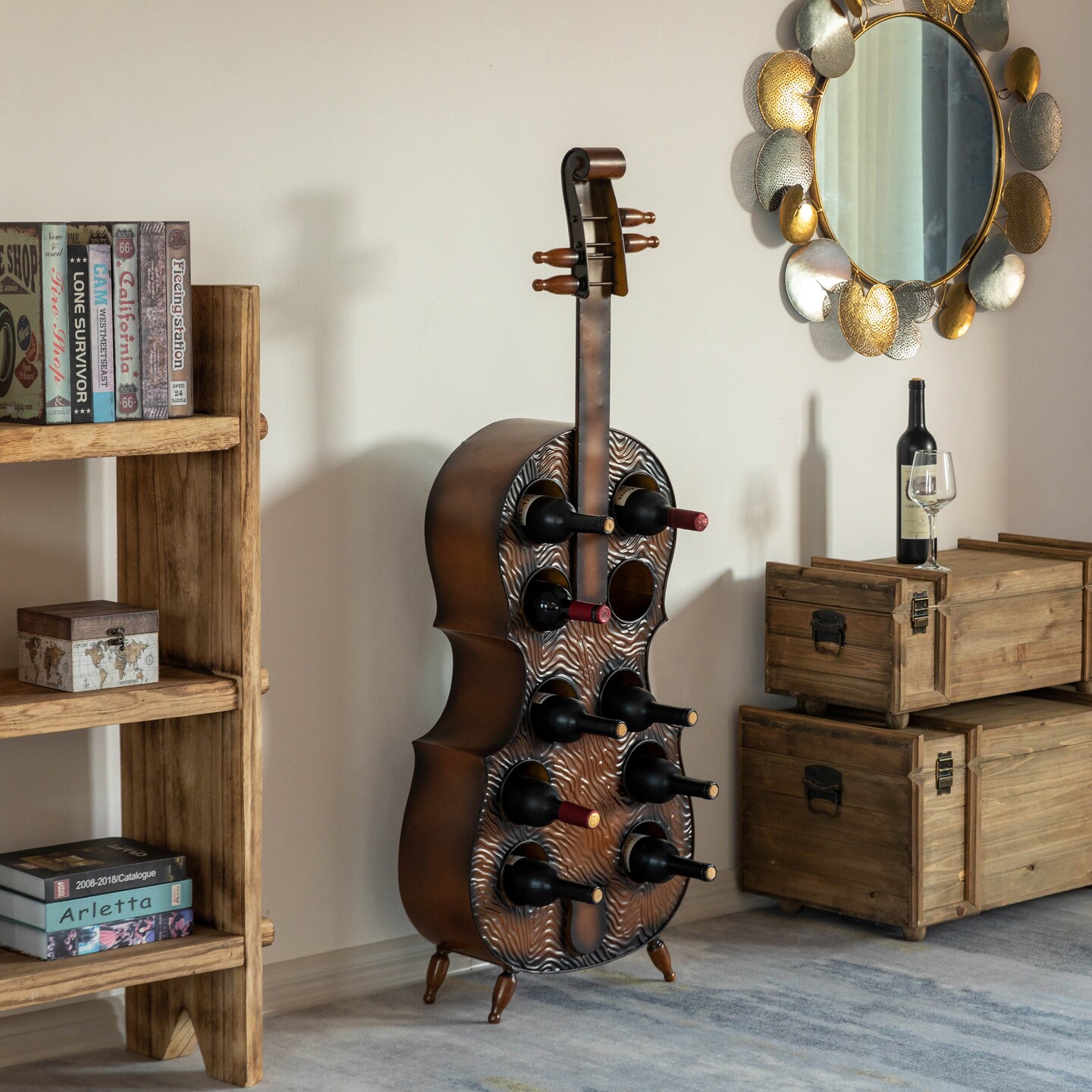 Vintiquewise Cello-Shaped Wine Holder 10-Bottle Freestanding Metal Rack Vintage Decorative Storage Organizer Musical Ornament Display Stand for Dining Room Kitchen Home Bar KTV and Entertainment Areas