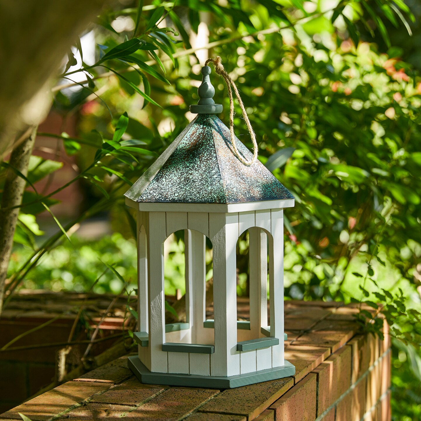15.75&#x22;H Patina Metal Roof Solid Wood Gazebo Tray Bird Feeder