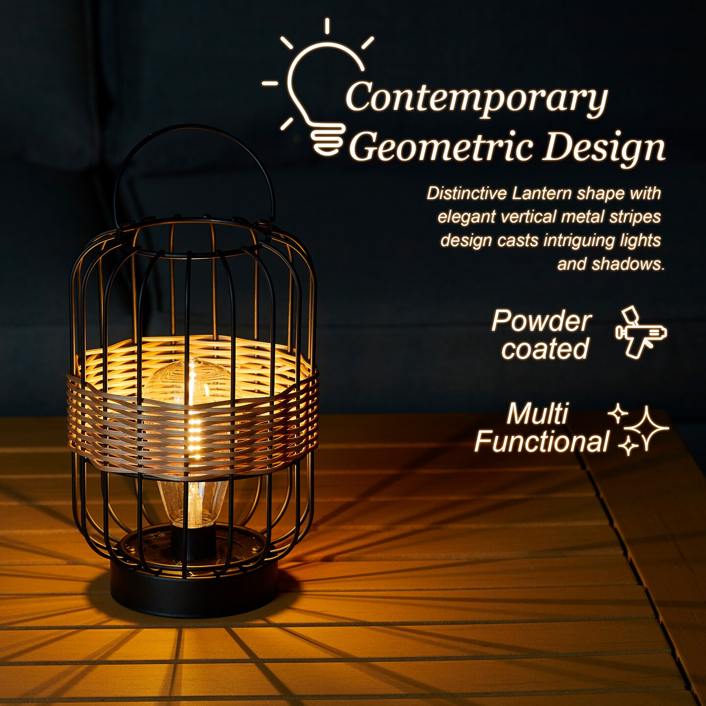 Set of 2 11.75"H Metal Wire Faux Rattan Solar Powered Outdoor Lantern with Edison Bulb and Handle