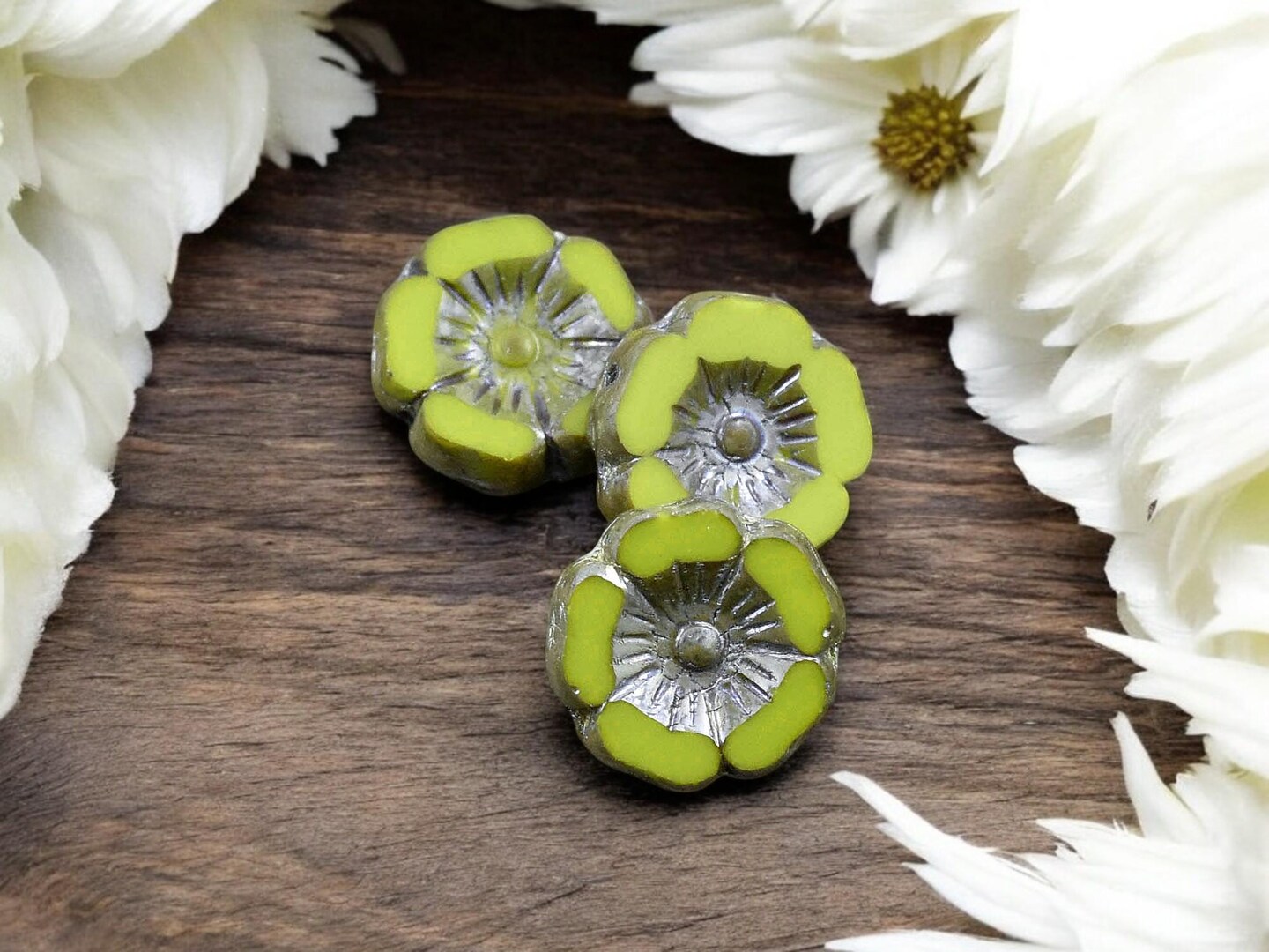 *12* 12mm Opaque Chartreuse Picasso Luster Hawaiian Flower Beads