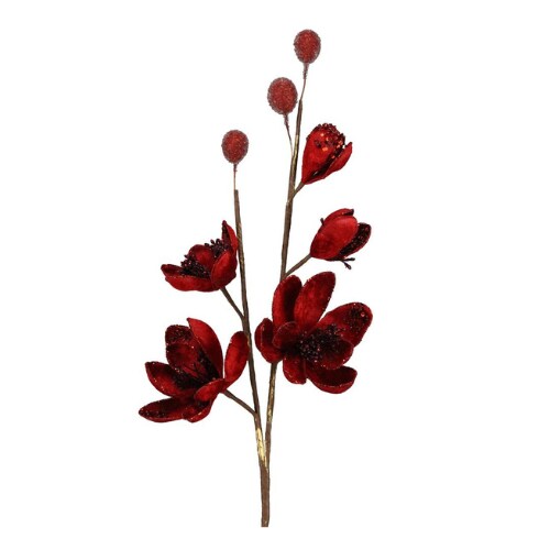 28.5&#x22; Red Glitter Beaded Velvet Magnolia Spray - Holiday &#x26; Valentine&#x2019;s Floral Stem