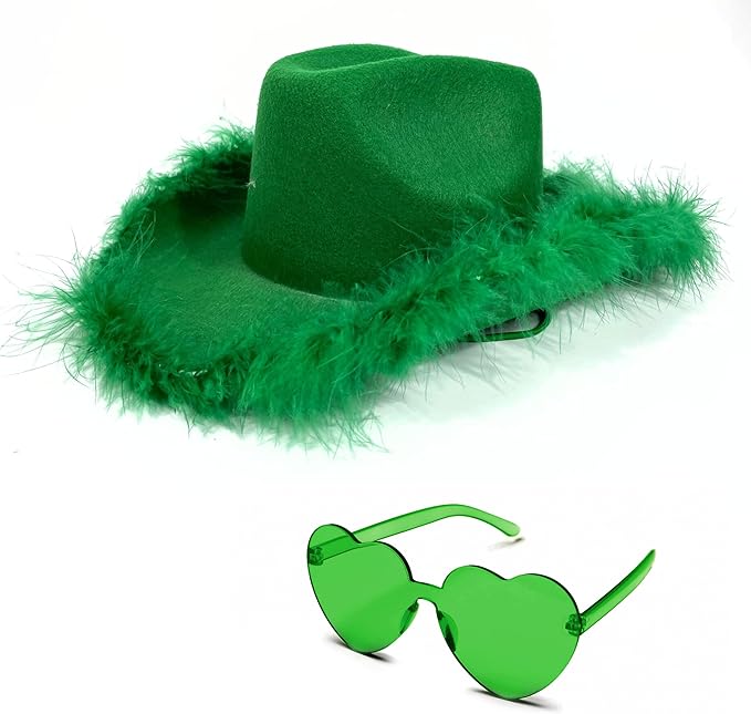 4E&#x2019;s Novelty Green Cowboy Hat with Feathers &#x26; Heart-Shaped Sunglasses - Perfect Cowboy Outfit Accessory, Cowboy Hat for Party Costume Dress Up