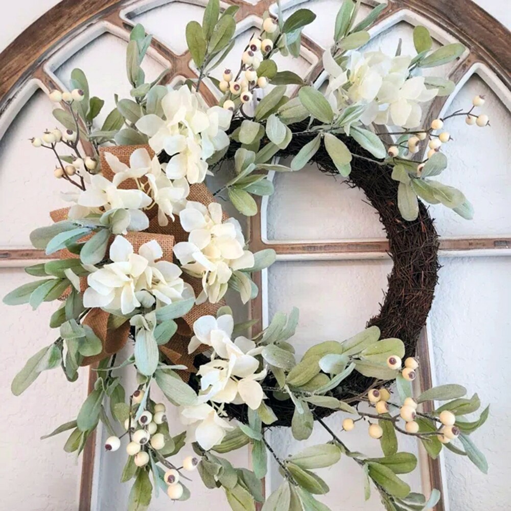 Haute Decor Grapevine Hydrangea Wreath with White Berries, Lamb&#x27;s Ear &#x26; Burlap Bow - Neutral Summer Wreath for Front Door Decor