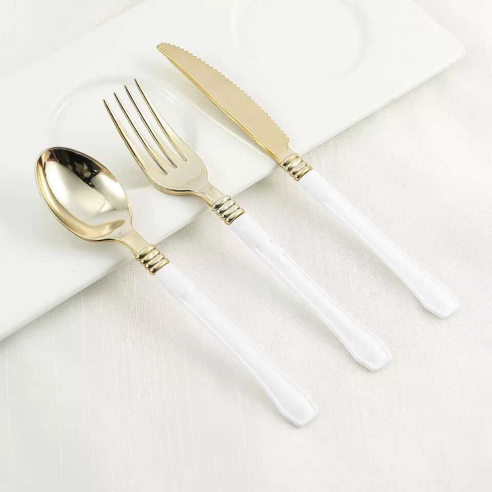 24 Metallic Gold White Handle Disposable Plastic 7&#x22; Forks Party Wedding Supplies