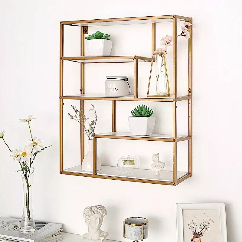 22 in Gold 4 Tier Rectangle Metal Geometric HANGING SHELF White Wood Party Home