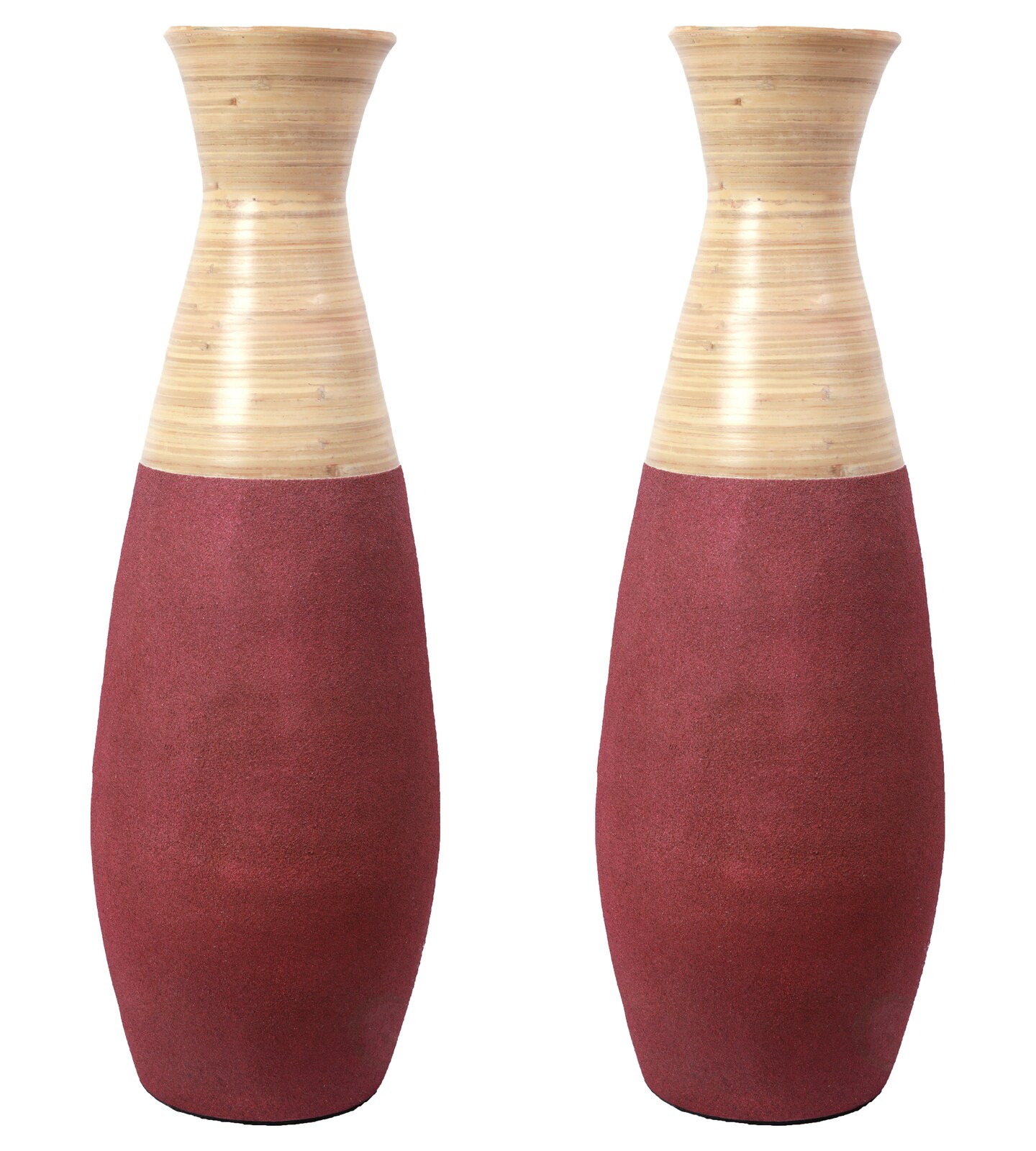 Set of 2 31.5" Tall Handcrafted Bamboo Floor Vase, Burgundy and Natural Finish, Decorative Accent, Large Floor Vase, Sustainable Bamboo, Living Room, Dining Room, Entryway Decor, Unique Home Accent