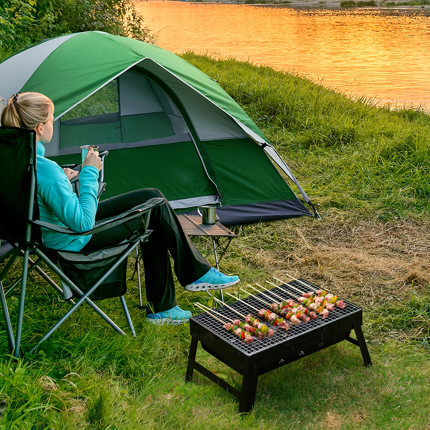 Gardenised Portable Charcoal Grill Foldable Stainless Steel BBQ for Camping Backyard Tailgating Hiking Picnic Travel Beach Parties Garden Gatherings Poolside Cooking Skewers &#x26; Outdoor Barbecues