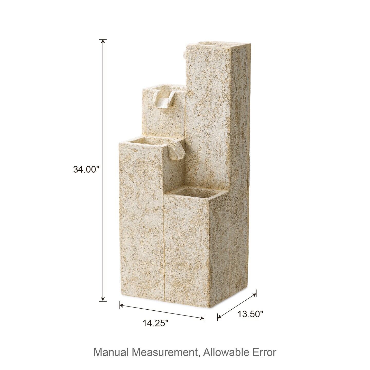 34.00&#x22;H Mid-Century Modern 4-Tier Faux Terrazzo Geometric Square Column Polyresin Outdoor Floor Fountain with Pump and LED Light