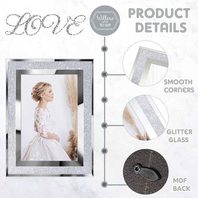 8 Pcs 4x6in Glitter Picture Frame Bulk Valentines Day Picture Frames Crystal Picture Frame Glitter Frame Crystal Photo Silver Crystal Picture Valentines Day Photo Frame(4 x 6 Inch)