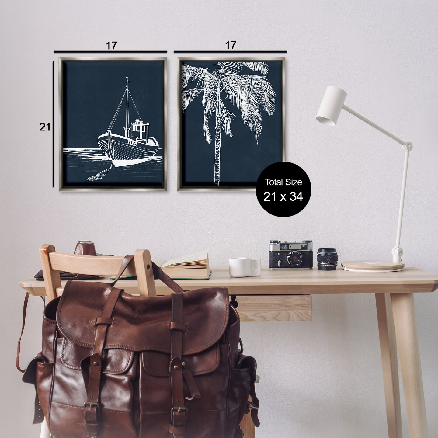 Stupell Industries Blue Boat & Palm 2 pc Framed Floater Canvas Wall Art Set Design by Leah Noel Art