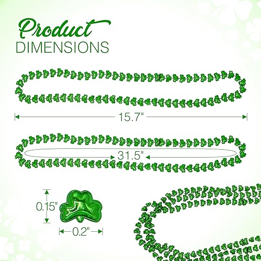 4E&#x27;s Novelty St Patricks Day Beads Necklace Bulk (12 Pack) Shamrock Clover Green Beads - St. Patrick&#x27;s Day Gifts for Kids, Kids Party Favor Supplies Costume Accessories