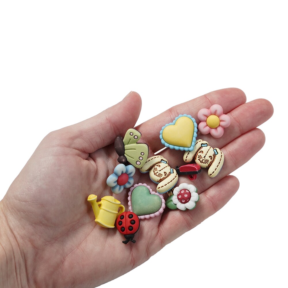 Garden Theme Decorative Buttons, 50-Pack, Spring Designs with Flowers, Ladybugs, Butterflies, 3D Shank Style for Crafts