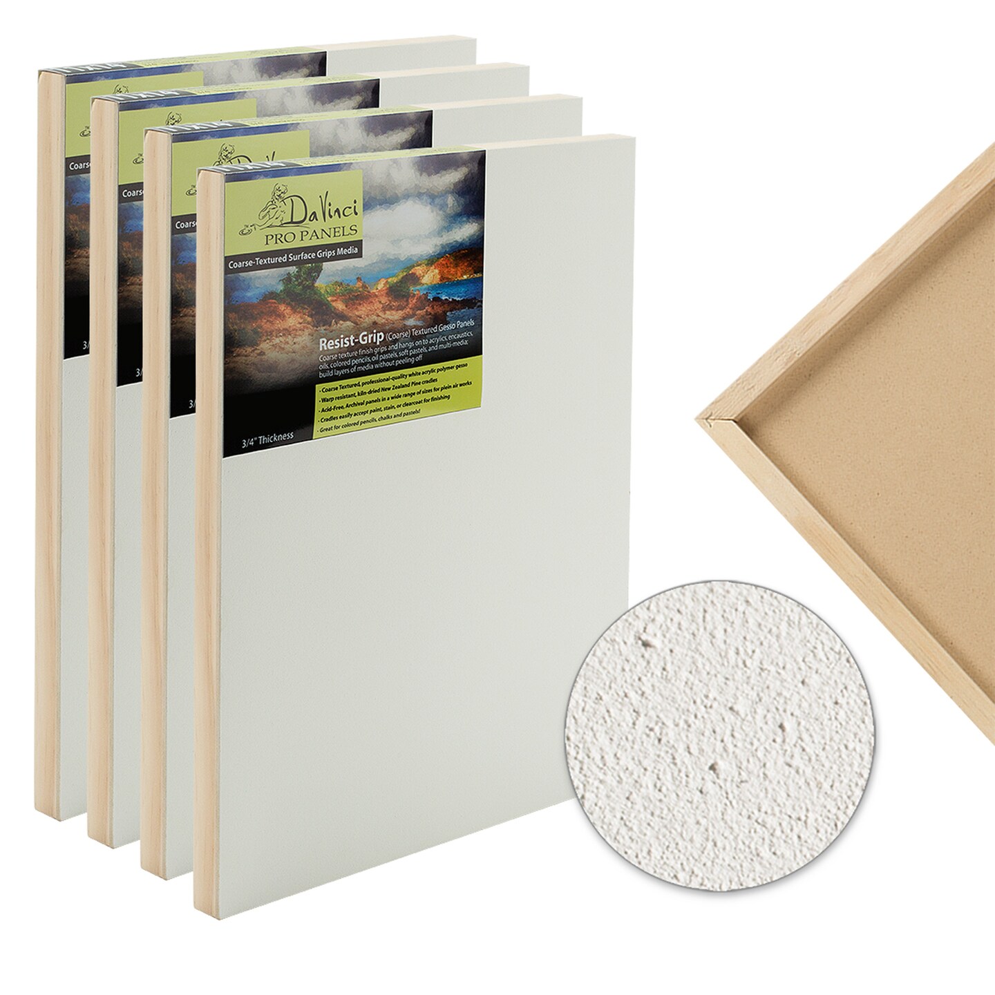 Da Vinci Pro Resist-Grip Coarse Textured Gesso Board, 3/4&#x22; Depth Multipack Art Boards for Painting, White Acrylic Polymer with Quartz Sand, Warp-Resistant Cradled and Sealed MDF Panel