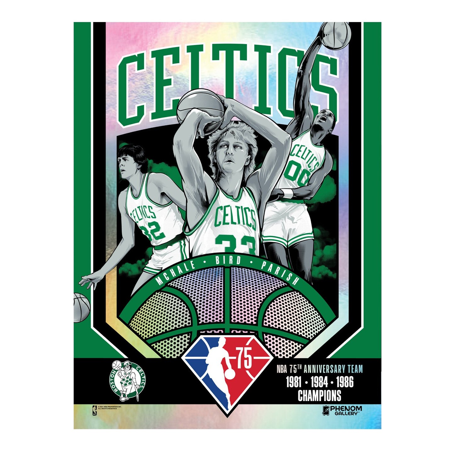 Phenom Gallery Boston Celtics 75th Anniversary 80&#x27;s NBA Champs 18&#x22; x 24&#x22; Foil Serigraph