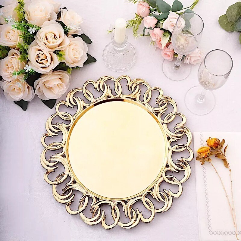 6 Metallic Gold 13" Round Plastic CHARGER PLATES Entwined Swirl Rim Party Events
