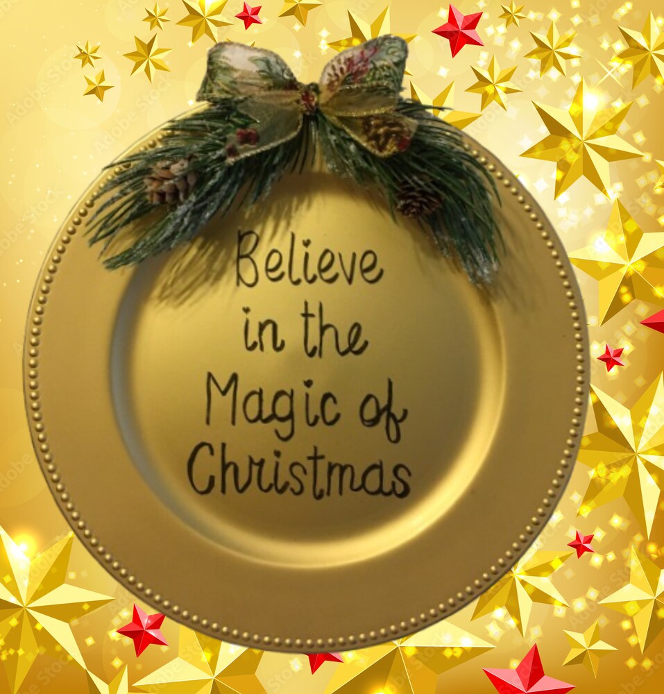 Dollar Tree Plastic Gold CHARGER PLATE Christmas Holiday Wall Art BELIEVE IN THE MAGIC OF CHRISTMAS Handmade Gift product 7