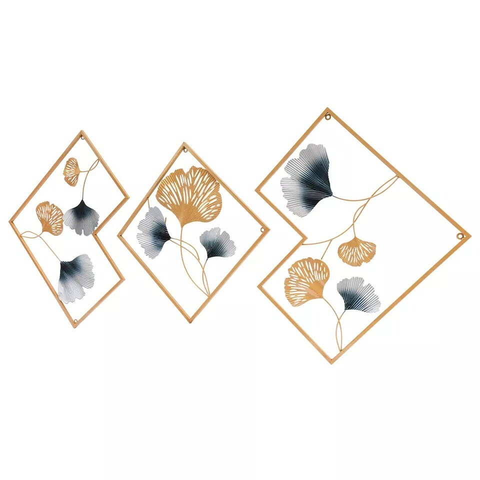 64.57*0.79*27.76&#x22; Gold Set of 3 Ginkgo Wall Art Hanging Sculpture Home Art Decor