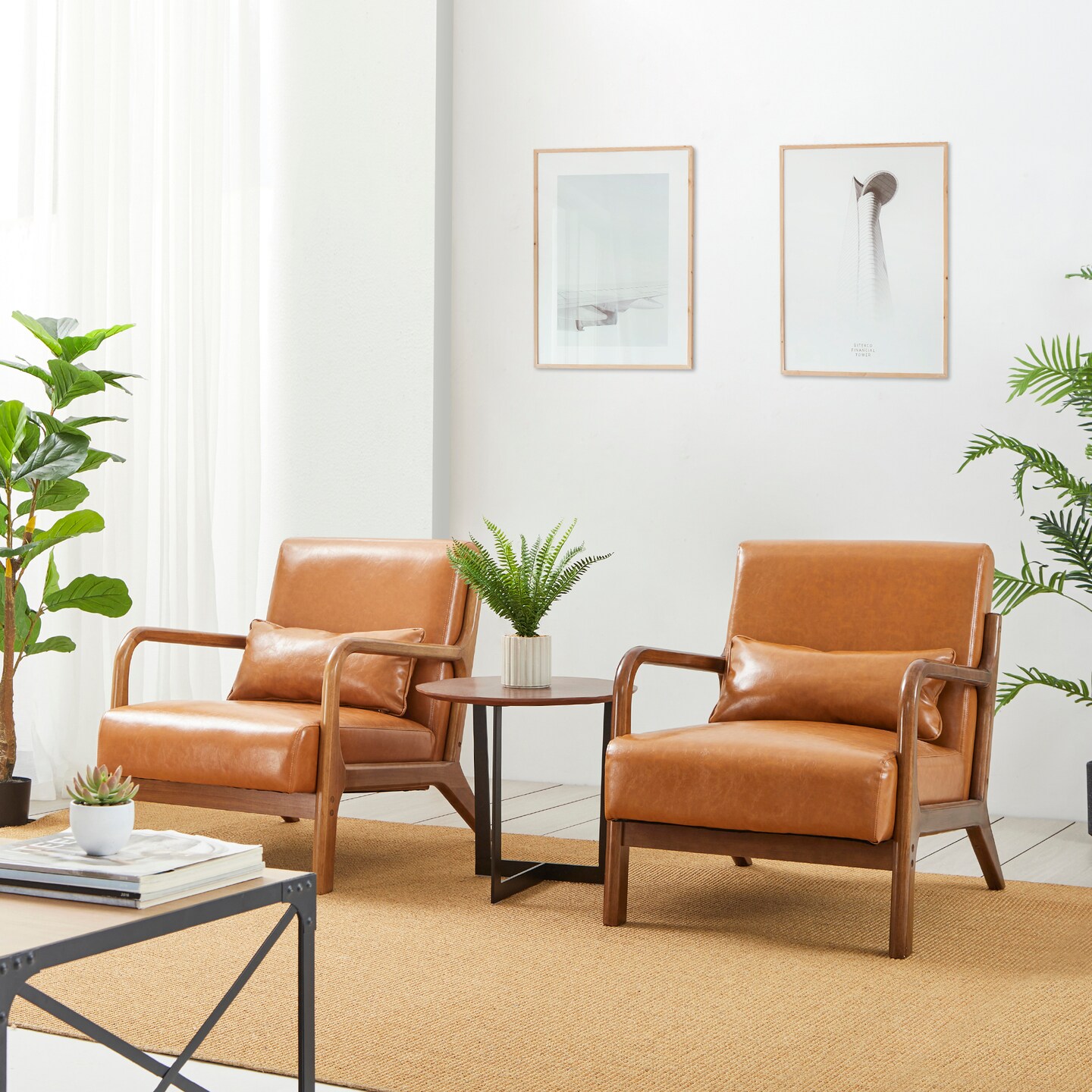 Set of 2 30.75&#x22;H Mid-Century Modern PU Leather Armchair Accent Chairs with Pillow