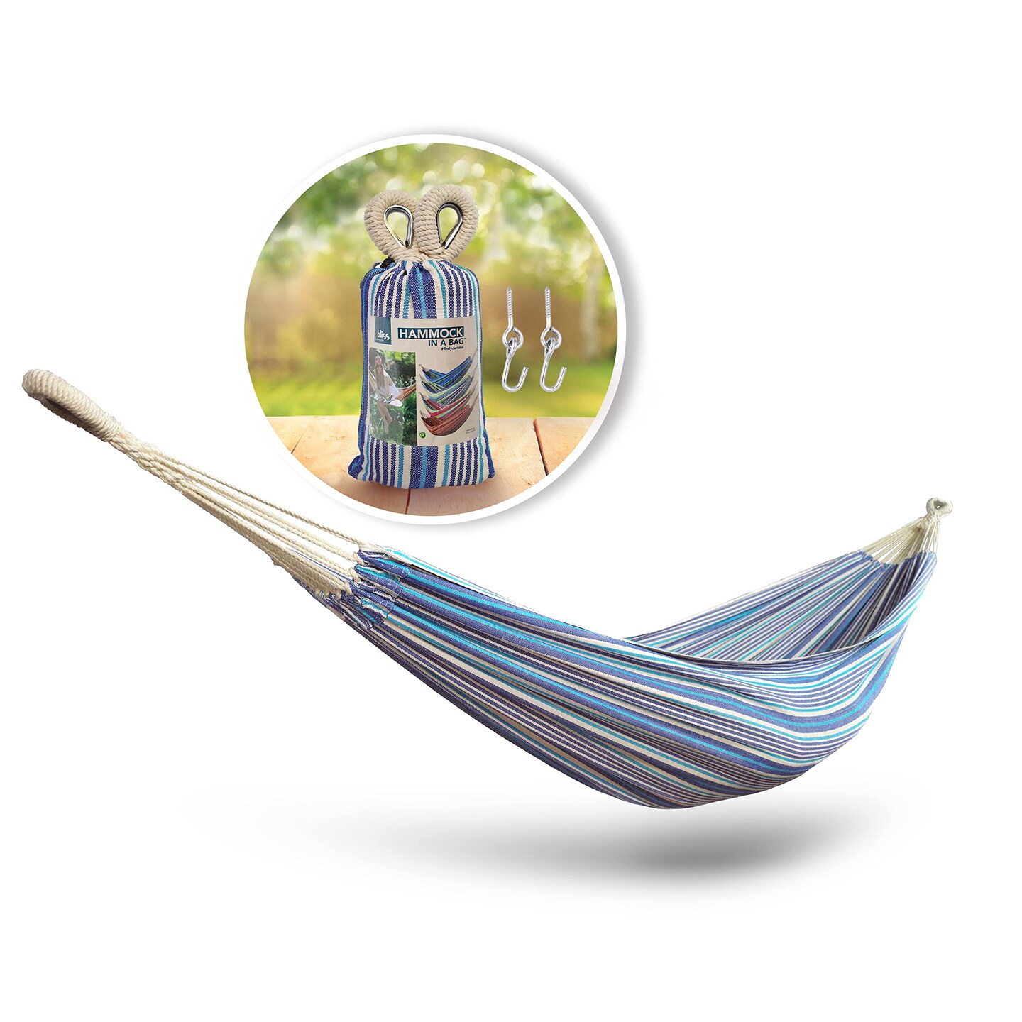 Bliss Hammocks BH-400-SC 40&#x22; Wide Hammock w/Hand-Woven Rope Loops &#x26; Hanging Hardware, Outdoor, Patio, Backyard Durable, Cotton and Polyester Blend, 220 Lbs Capacity, Sail Cloth