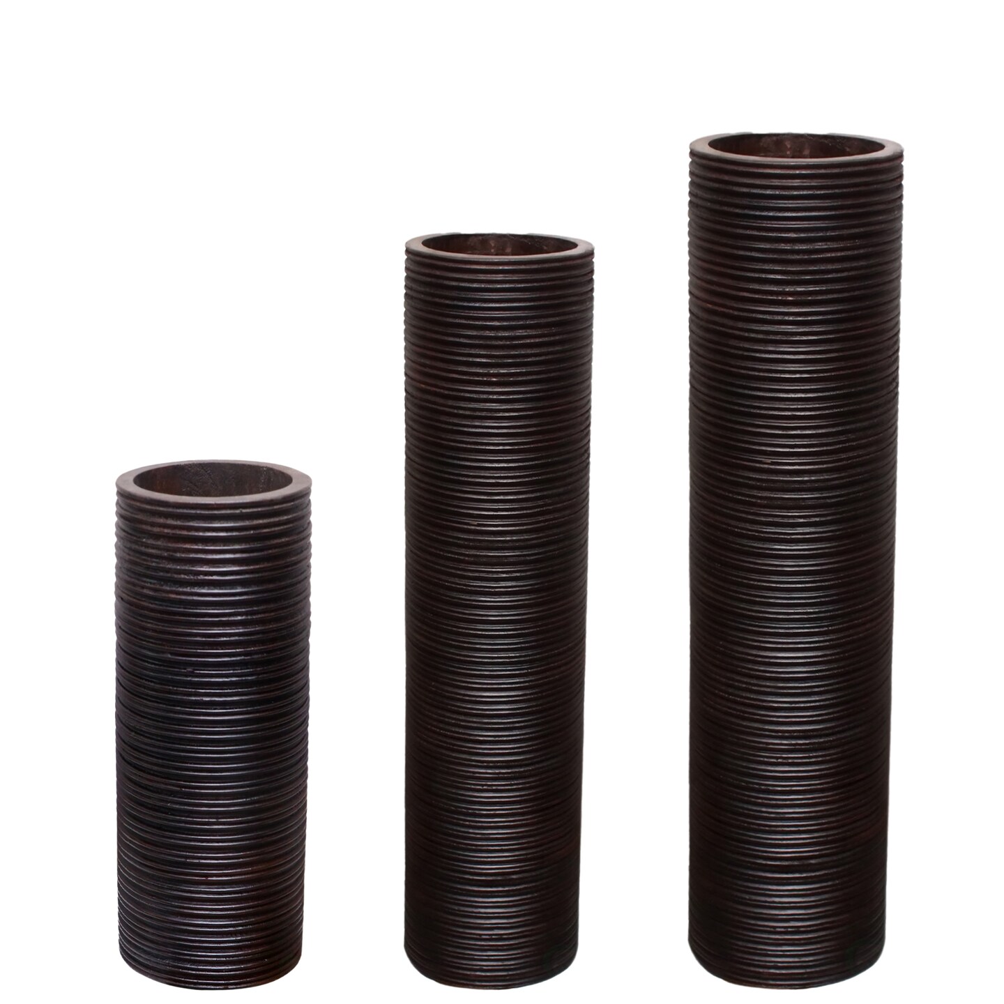 Brown Decorative Contemporary Mango Wood Ribbed Design Cylinder Shaped Vase