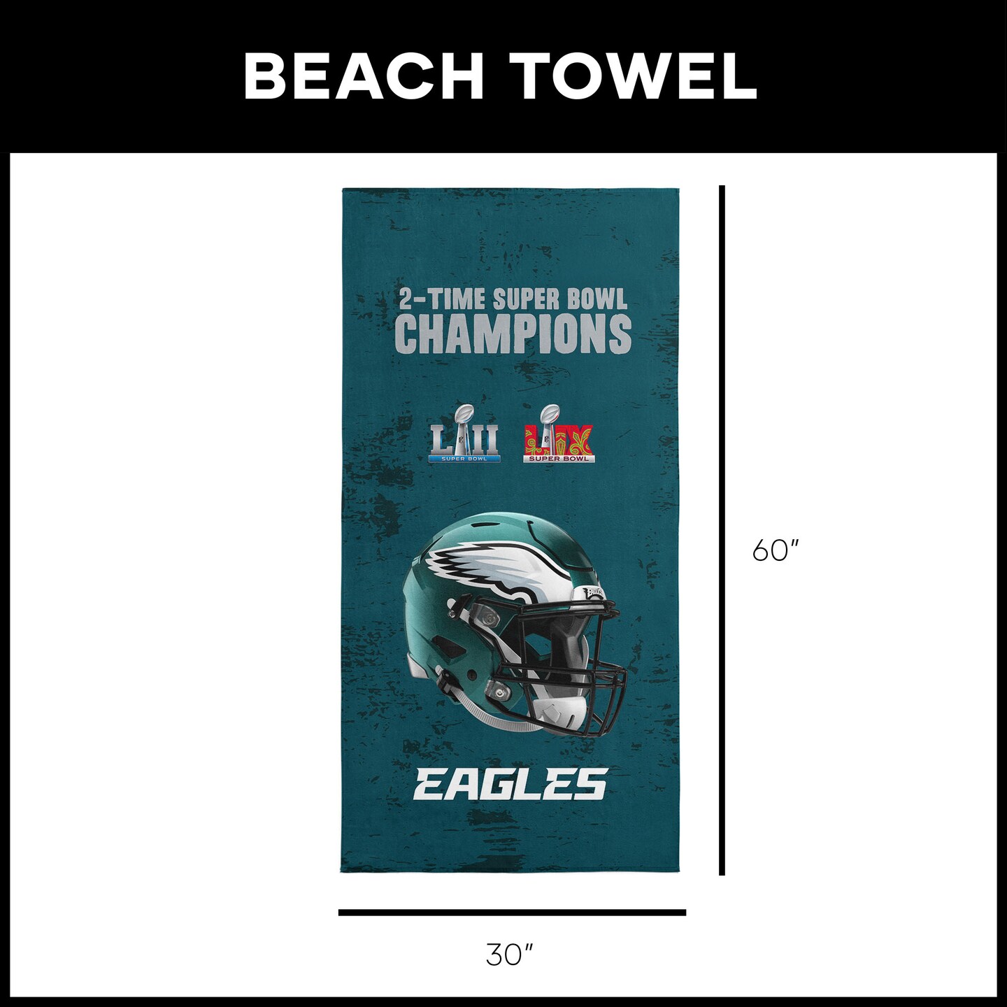 NFL Philadelphia Eagles 2025 Super Bowl LIX Multi Champ Unstoppable Beach Towel 30X60 Inches
