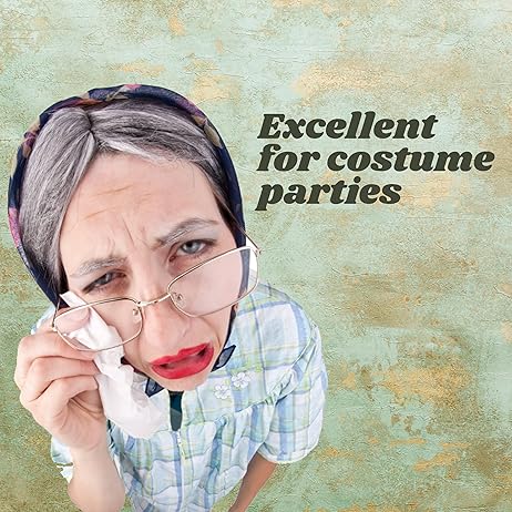 4E&#x27;s Novelty Old Lady Costume for Kids 7 Pcs Set - for 100 Day of School Grandma Costume for Girls, Gray Curly Wig, Cane, Granny Glasses with Chain Dress Up Accessories
