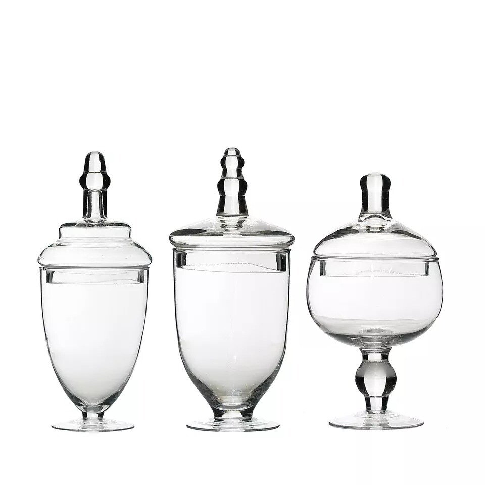 3 pcs 9&#x22; 10&#x22; 11&#x22; tall Clear Glass Apothecary Jars Lids Wedding Supplies