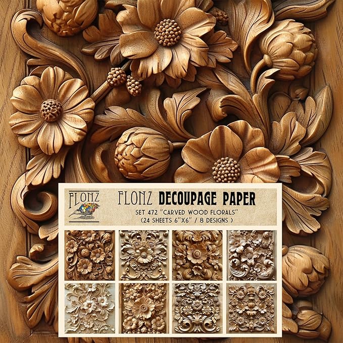 Decoupage Paper Pack (24 Sheets 6&#x22;x6&#x22;) Carved Wood Florals # Vintage Styled Pattern Paper for Decoupage, Craft and Scrapbooking