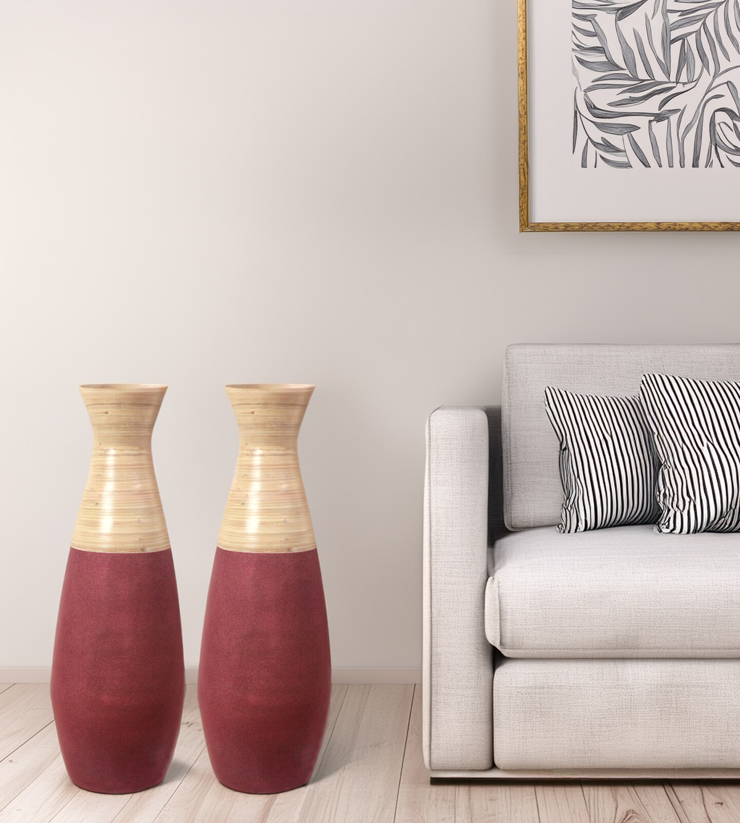 Set of 2 31.5" Tall Handcrafted Bamboo Floor Vase, Burgundy and Natural Finish, Decorative Accent, Large Floor Vase, Sustainable Bamboo, Living Room, Dining Room, Entryway Decor, Unique Home Accent