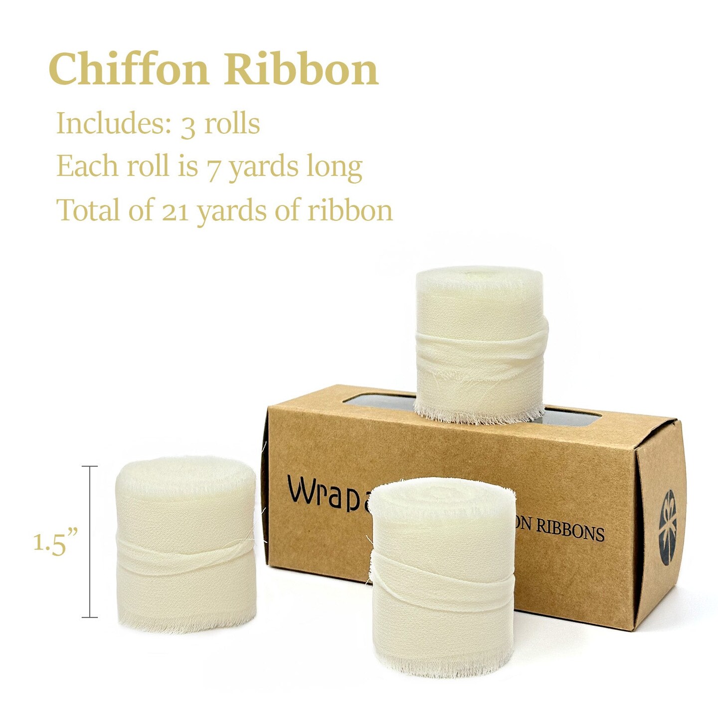 Wrapables Fringe Chiffon Ribbons, 1.5 Inch x 7 Yd Frayed Edges Chiffon Ribbons for Wedding Invitations, Bridal Bouquet, Gift Wrapping, DIY Arts & Crafts (Set of 3), Cream