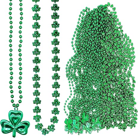 4E's Novelty St Patricks Day Beads Necklace (24 Pack) Bulk Green Beads Shamrock Necklaces, St Patricks Day Gifts Bulk, 33" Kids & Adults Party Favor Supplies Outfit Accessories