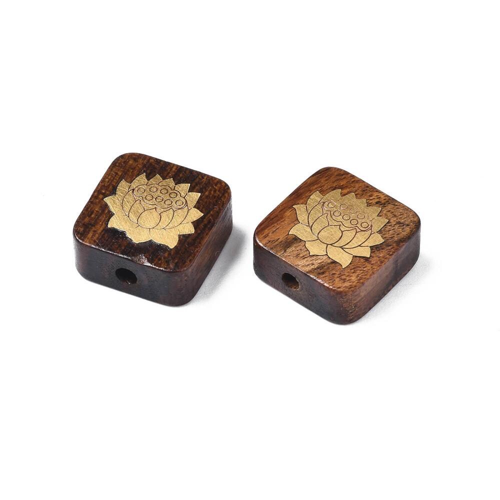 *5* 15x6mm Rosewood covered Brass Lotus Flower Square Beads