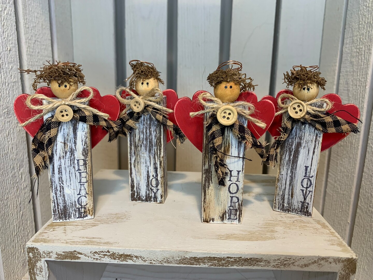 Rustic Small Wood Block Angel with Heart Wings; Stamped Love