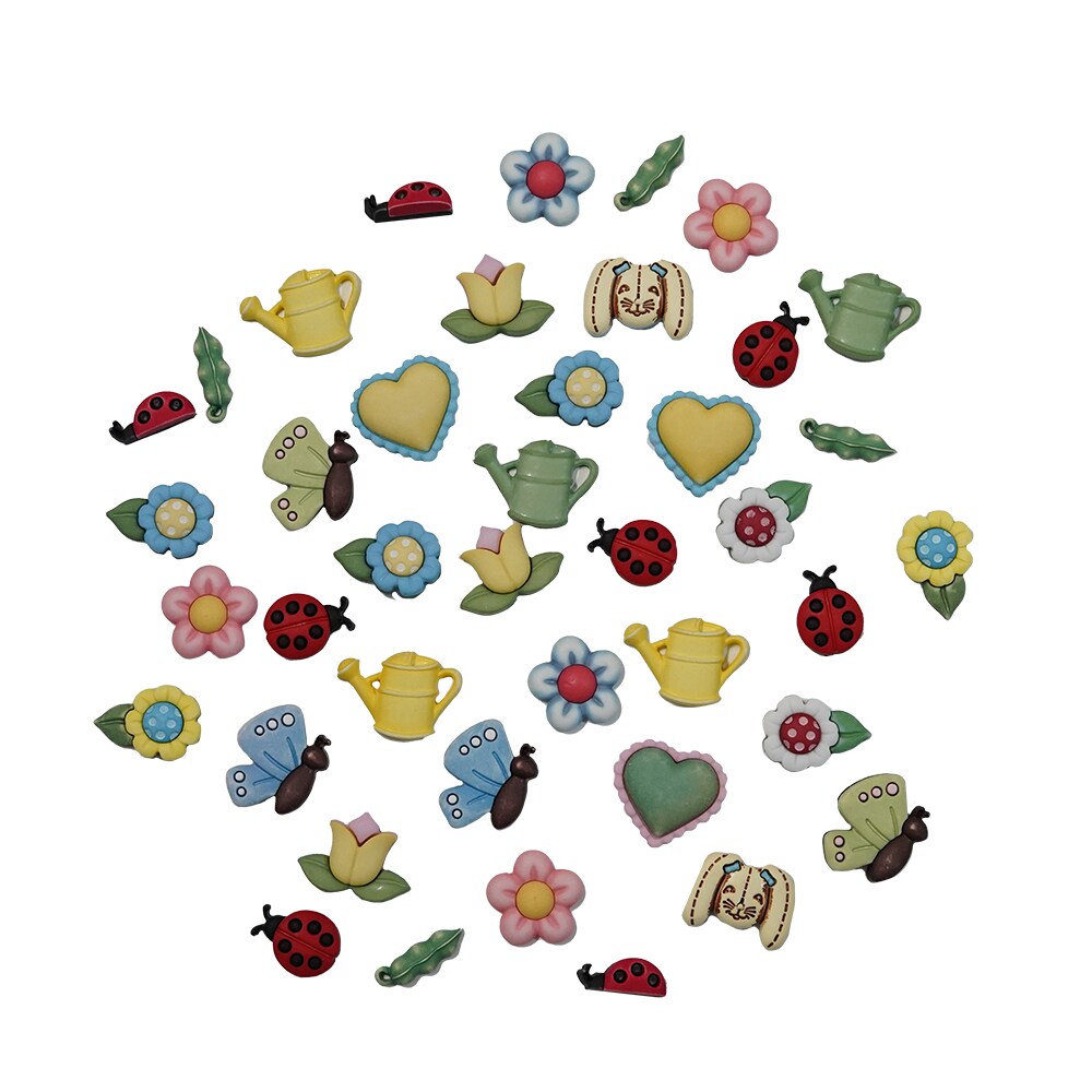 Garden Theme Decorative Buttons, 50-Pack, Spring Designs with Flowers, Ladybugs, Butterflies, 3D Shank Style for Crafts