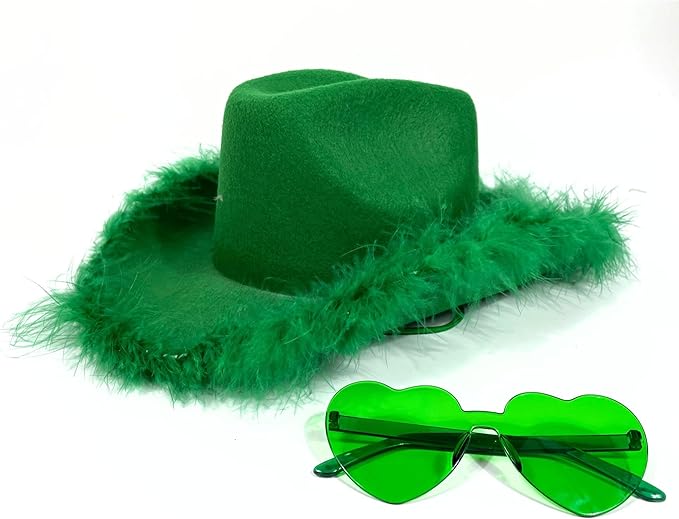 4E&#x2019;s Novelty Green Cowboy Hat with Feathers &#x26; Heart-Shaped Sunglasses - Perfect Cowboy Outfit Accessory, Cowboy Hat for Party Costume Dress Up