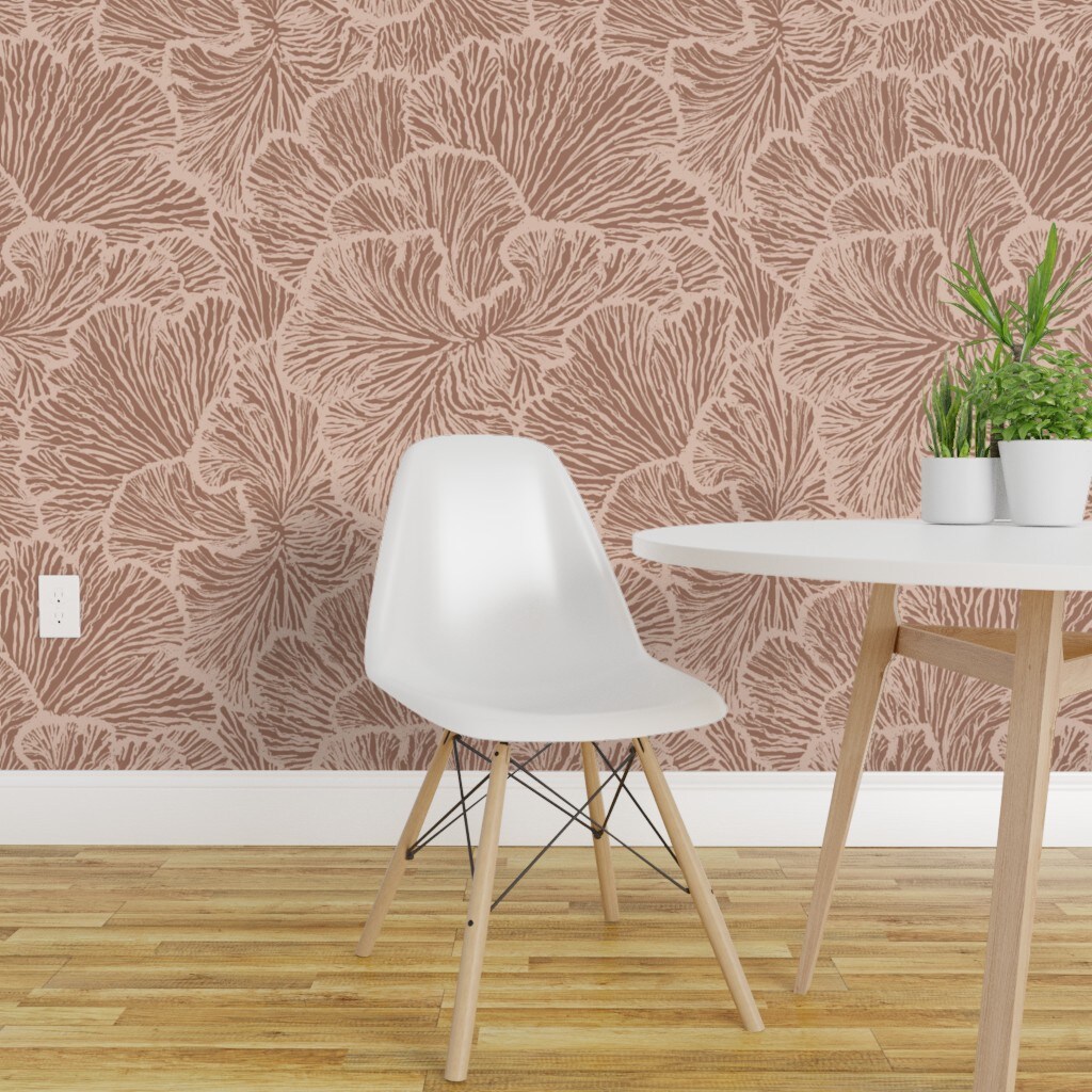 Peel &#x26; Stick Wallpaper 2FT Wide Coastal Maximalism Earth Tone Neutral Monochromatic Nature Fungi Beachy Coastal Brown Pink Ocean Abstract Custom Removable Wallpaper by Spoonflower