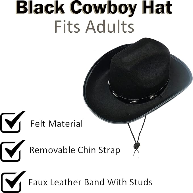 4E&#x2019;s Novelty Black Felt Cowboy Hat for Men &#x26; Women - Studded Western Cowboy Hat - Cowboy Hat for Western Themed Party &#x26; Cowboy Costume Accessory