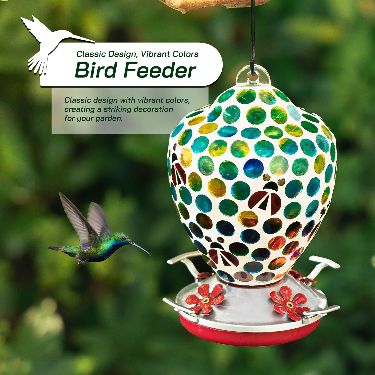 8.25&#x22;H Glass Hanging Blue/Green Dots &#x26; Ladybugs Mosaic Birdfeeder